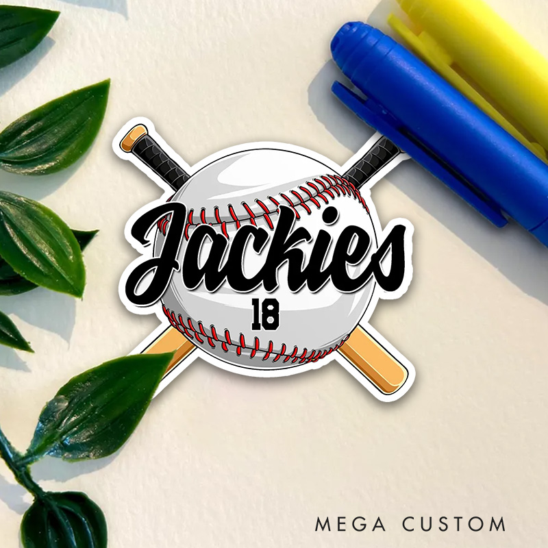 Personalized Baseball Sticker with Crossed Bats and Custom Name 
