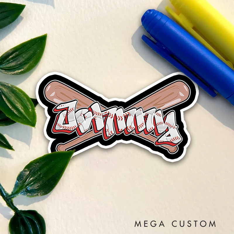 Personalized Athletic Sticker with Graffiti-Style Text and Baseball Bats  