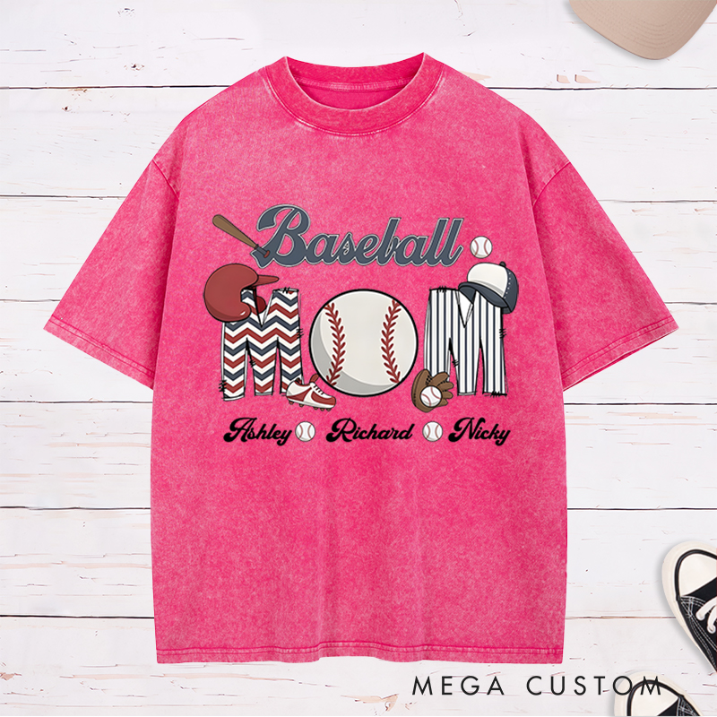 Personalized Baseball Mom Washed T-Shirt with Custom Names and Fun Sports-Themed Design