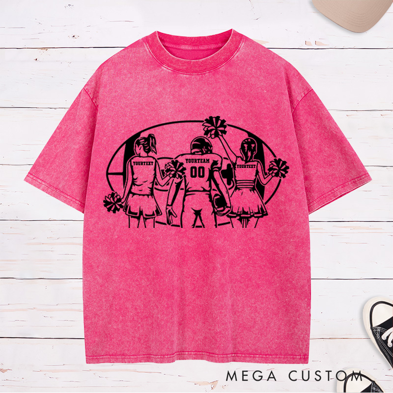 Personalized American Football Cheerleader Washed T-Shirts with Custom Player and 2 Cheerleader Name and Number