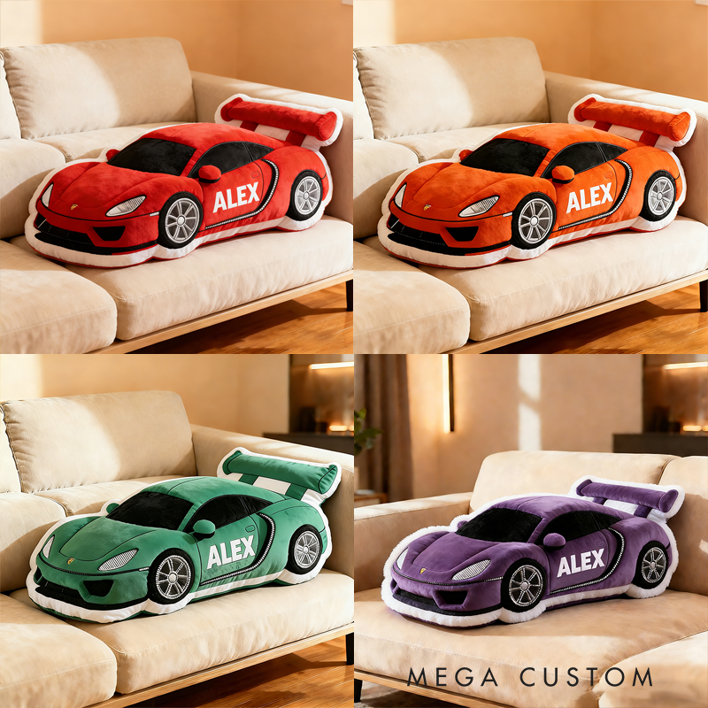 Personalized Race Car Shaped Pillow Custom Name Plush Cushion Choose Car Color 3D Graphic Print Gift for Racing Fans