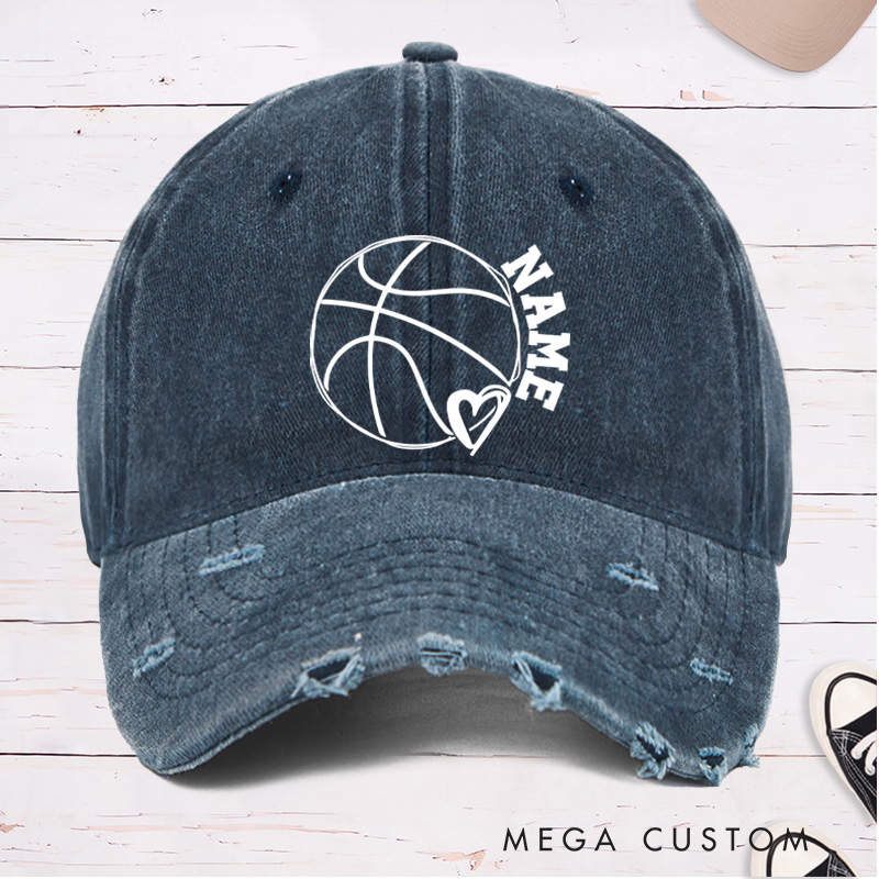 Personalized Distressed Denim Basketball Cap with Custom Name Heart and Basketball Graphic Design
