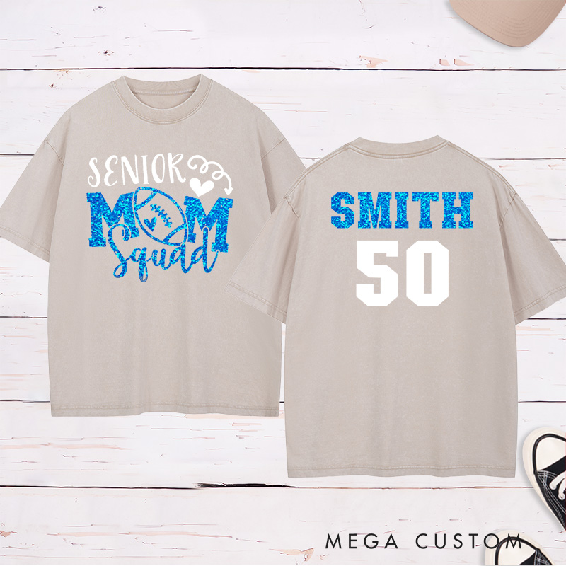 Personalized American Football and Rugby Glitter Senior Washed Mom T-Shirts with Custom Name and Number