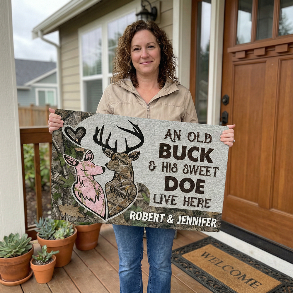 Personalized Deer Couple Doormat An Old Buck and His Sweet Doe Deer Camo Old Buck Sweet Doe Doormat with Name Couple Gift