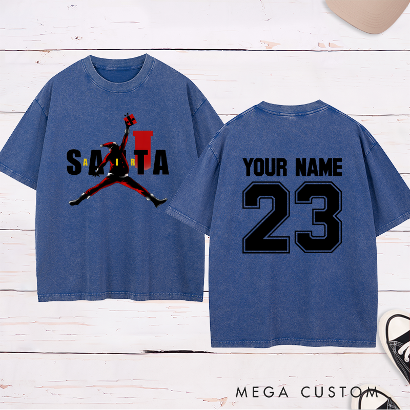 Personalized Santa Basketball Washed T-Shirt with Custom Name Number and Unique Festive Holiday Design