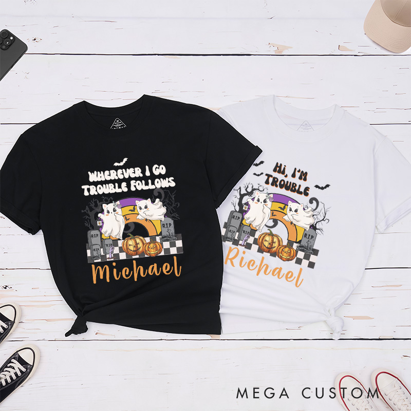 Personalized Cat Halloween Couple Matching Shirt Where I Go Trouble Follows Couple T-Shirt