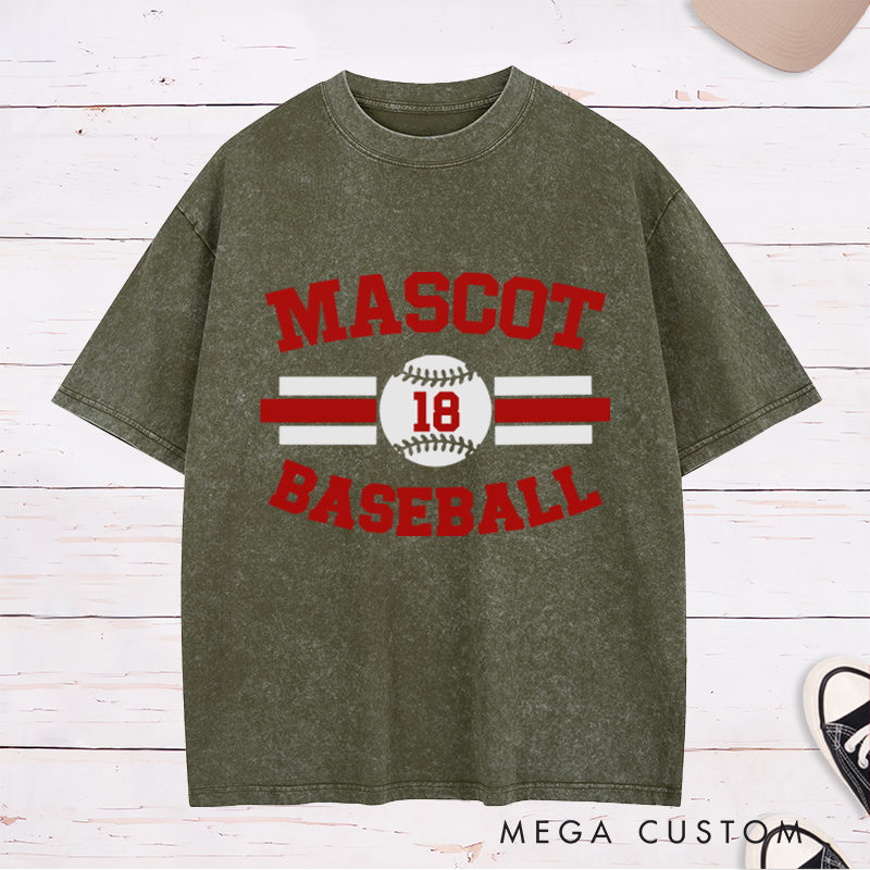 Personalized Baseball Washed T-Shirt with Custom Name and Striking Stripe and Ball Graphics