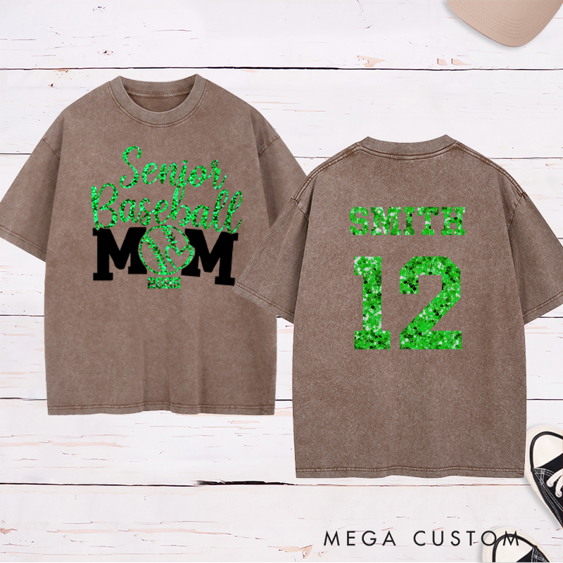 Personalized Senior Baseball Mom Washed T-Shirt with Custom Name and Number