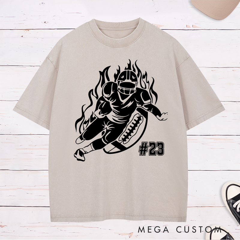 Personalized American Football Player Washed T-Shirts Featuring Custom Number for Football Action Tee
