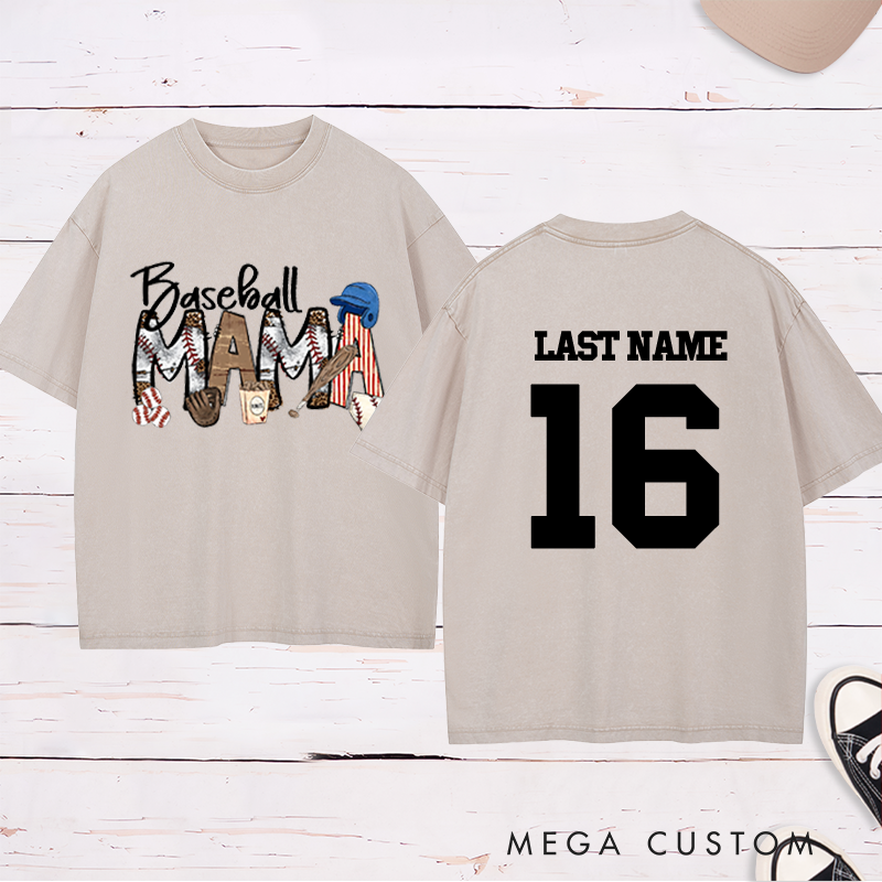 Personalized Leopard Print "Baseball Mama" Washed T-Shirt with Custom Name and Number
