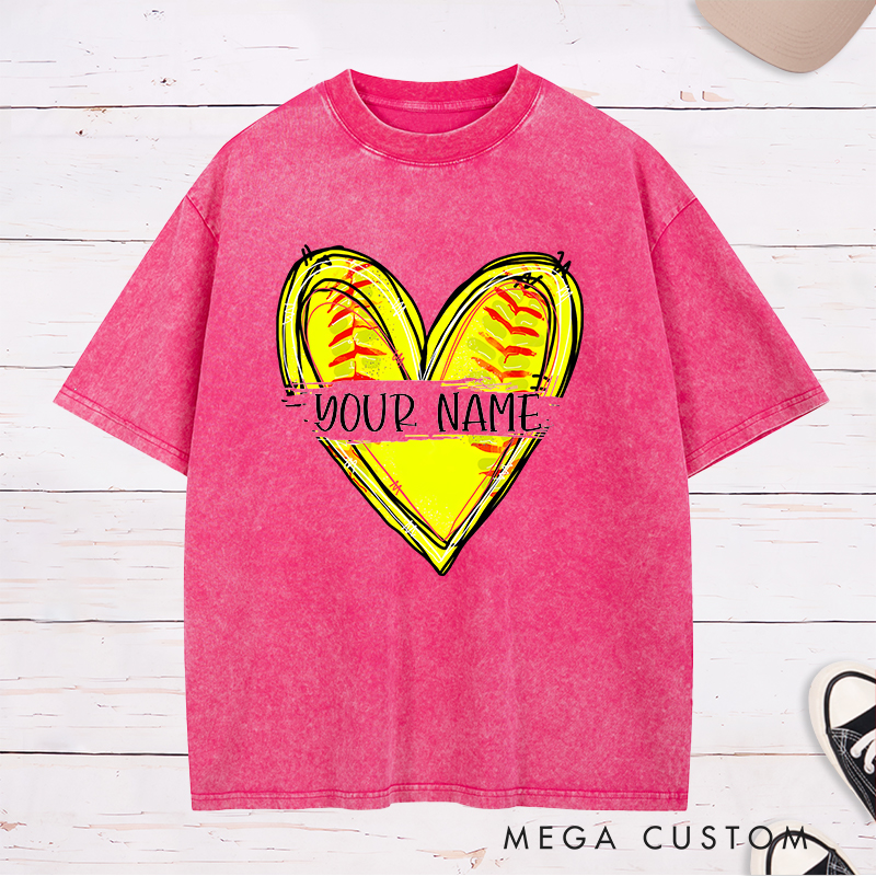 Personalized Softball Heart Washed T-Shirt Design Featuring Customizable Name with Bright Yellow Softball Stitching Graphic