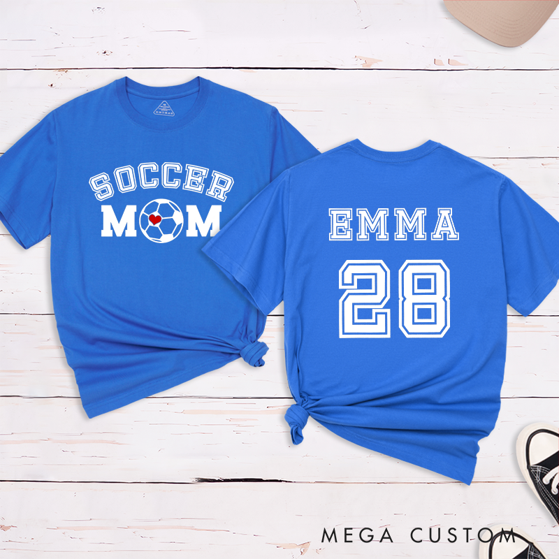 Personalized Soccer Mom T-Shirt with Custom Name, Number, and Bold Graphic Design