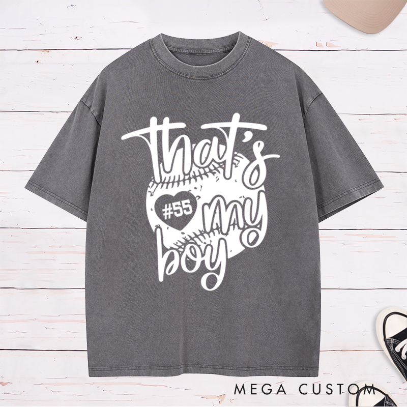 Personalized "That's My Boy" Baseball Mom Washed T-Shirt with Custom Number