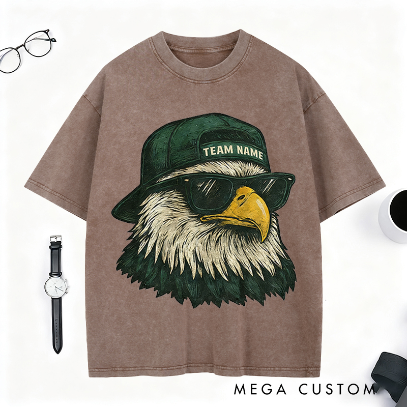 Personalized Football Mascot Washed T-Shirt with Cool Eagle Design and Custom Team Name