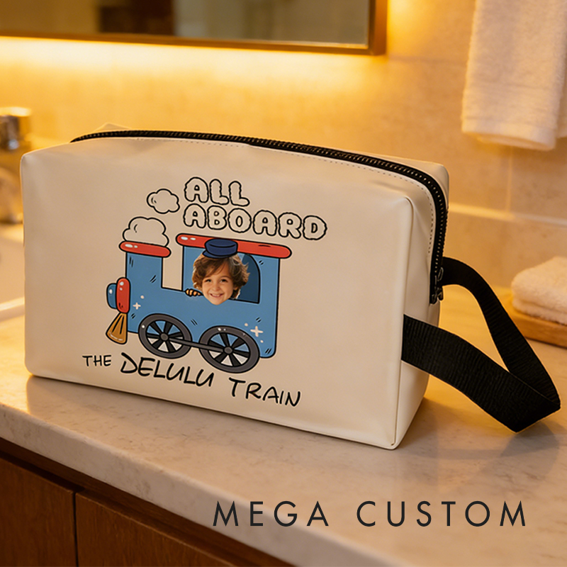 Personalized Cartoon Train Conductor Custom Kids Name and Face Toiletry Bag Design for Kids Travel Gifts and Daily Use