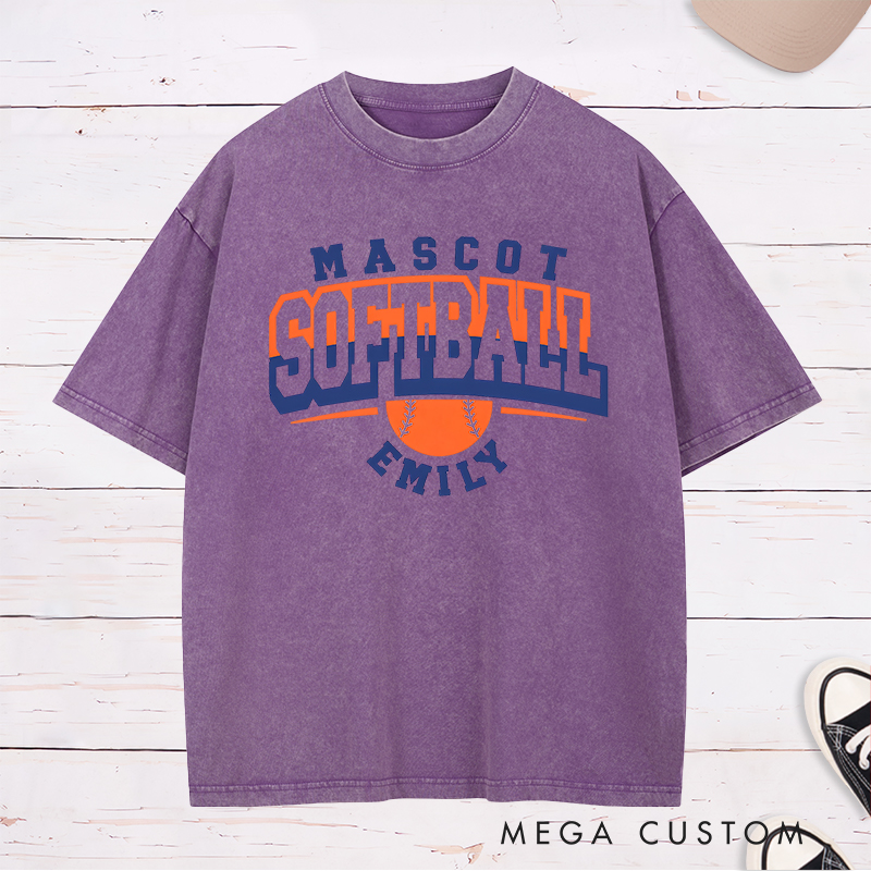 Personalized Softball Washed T-Shirt Design Featuring Team Name Bold Typography Softball Graphic and Custom Player Name Highlight