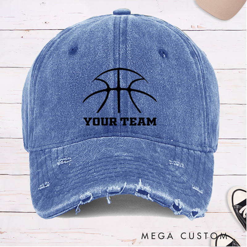Personalized Distressed Denim Basketball Cap with Custom Team Name and Minimalist Basketball Design