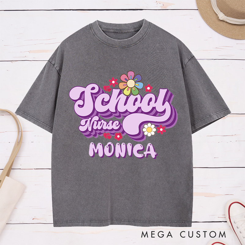 Personalized Nurse Washed T-Shirt Customized School Nurse Retro Floral Design Washed T-Shirt 