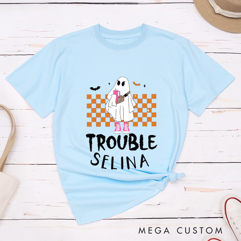 Personalized Where I Go Trouble Follows Halloween Funny Couple Matching T-Shirt Ghost Couple Halloween Shirt