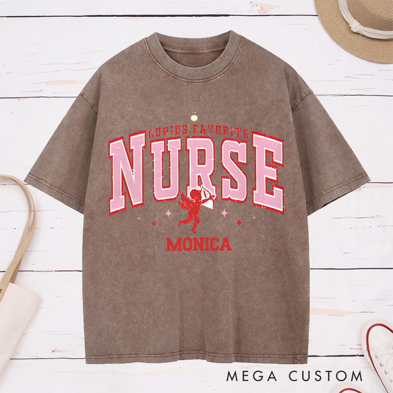 Personalized Nurse Washed T-Shirt Customized Cupid's Favorite Nurse Design Washed T-Shirt 