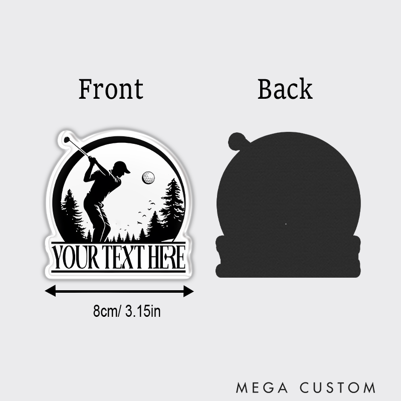 Personalized Golf Refrigerator Magnet with Custom Text Golfer Silhouette and Scenic Background Design