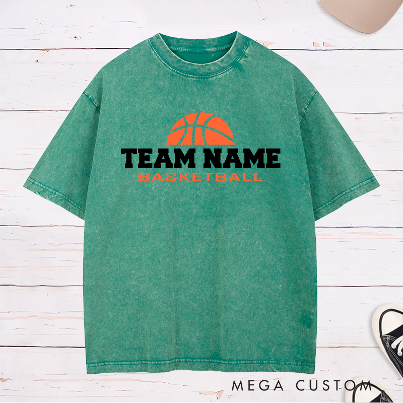 Personalized Basketball Team Washed T-Shirt Design Featuring Bold Customizable Team Name with Classic Basketball Graphic