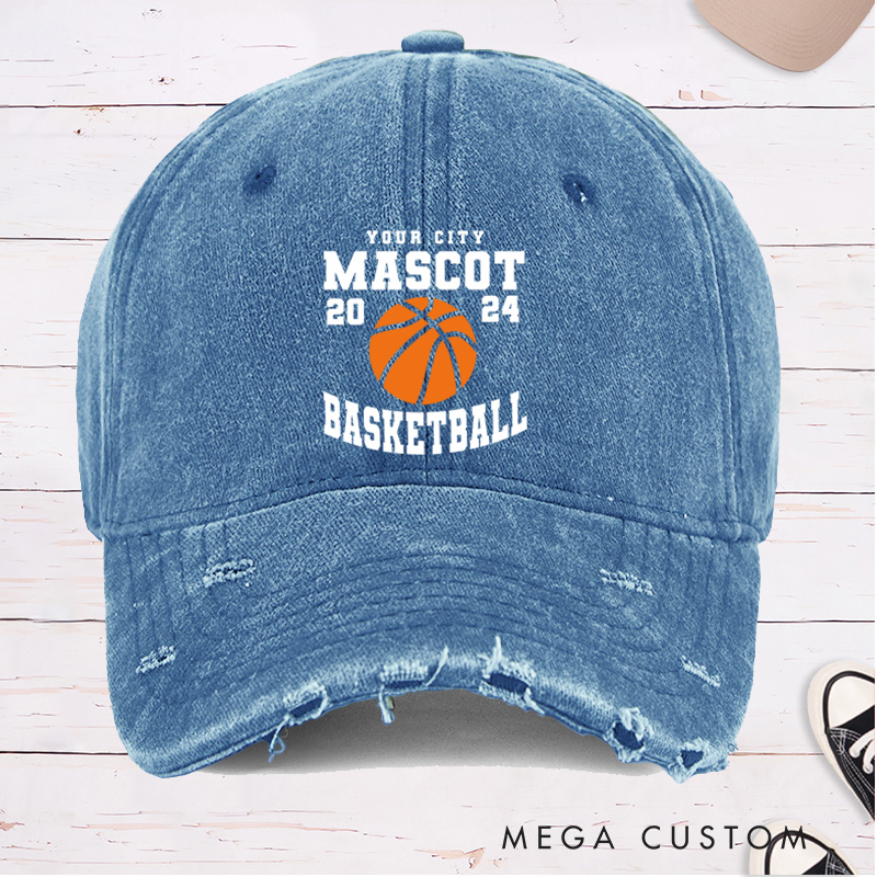 Personalized Distressed Denim Basketball Cap with Custom Team Name Year and Basketball Graphic Design