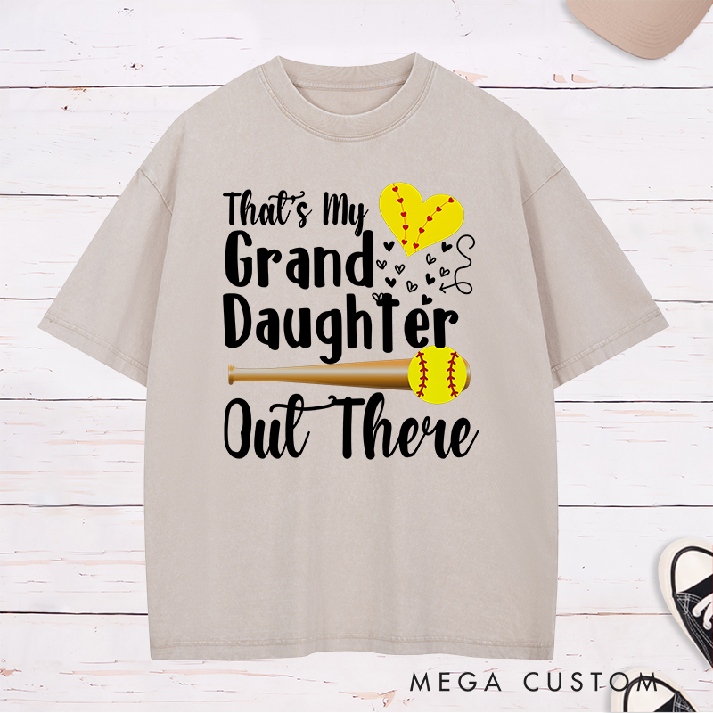 Personalized Softball Support Washed T-Shirt Design Featuring Customizable Text for Granddaughter or Other Titles Bold Typography Heart-Shaped Stitching Graphic Softball Bat and Ball Elements