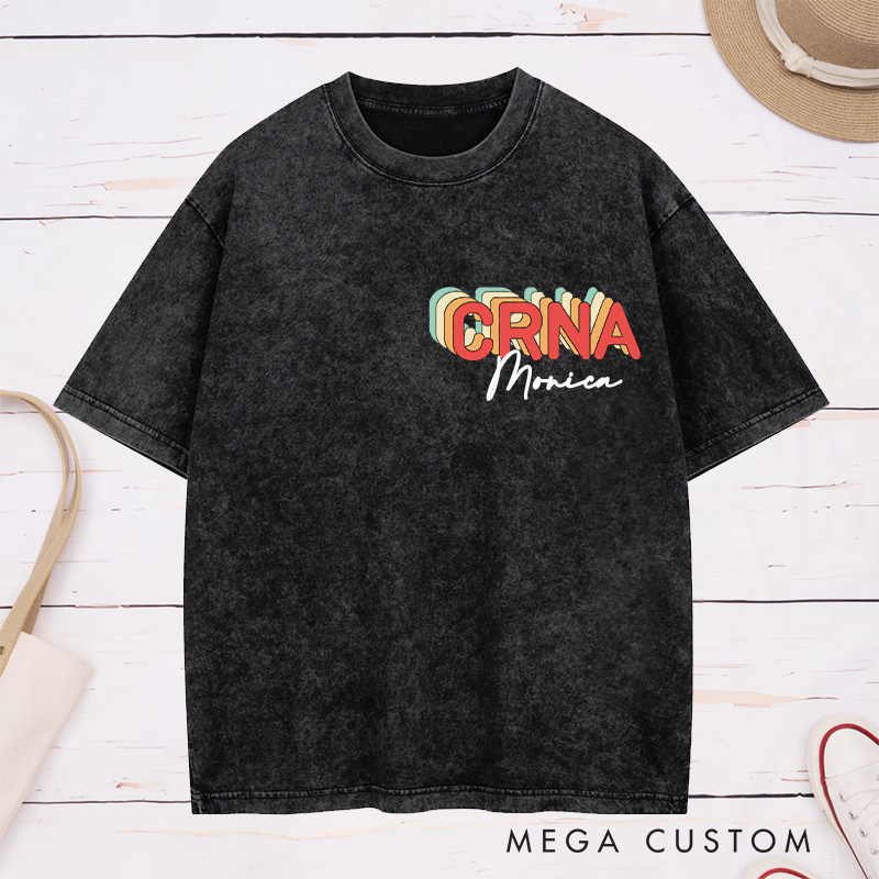 Personalized Nurse Washed T-Shirt Customized Vintage Brown CRNA Design Washed T-Shirt 