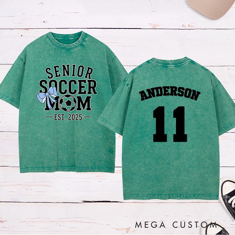 Personalized Senior Soccer Washed Mom T-Shirt with Custom Name, Number, and Graduation Year