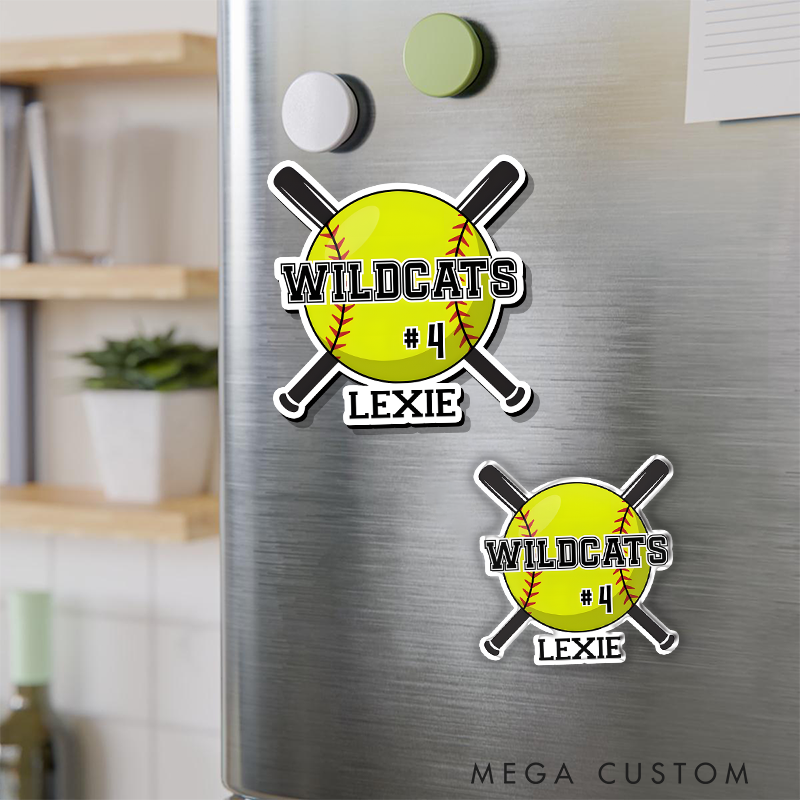 Personalized Softball Refrigerator Magnet with Custom Team Name Player Number and Player Name Design