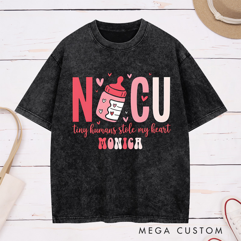 Personalized Nurse Washed T-Shirt Customized NICU Tiny Humans Stole My Heart Design Washed T-Shirt 