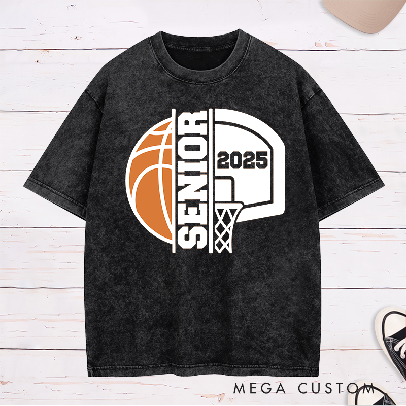 Personalized Washed T-Shirt Design Featuring Bold Basketball Graphics Highlighting "Senior" Status and a Customizable Graduation Year