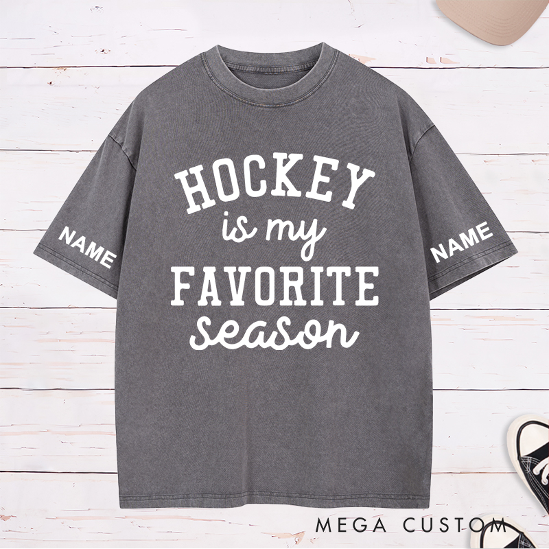 Personalized "Hockey Is My Favorite Season" Washed T-Shirt with Custom Name and Number