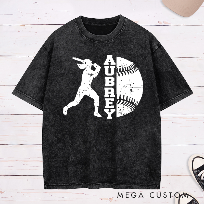 Personalized Softball Player Washed T-Shirt Design Featuring Batter Silhouette Distressed Softball Graphic and Customizable Name Text