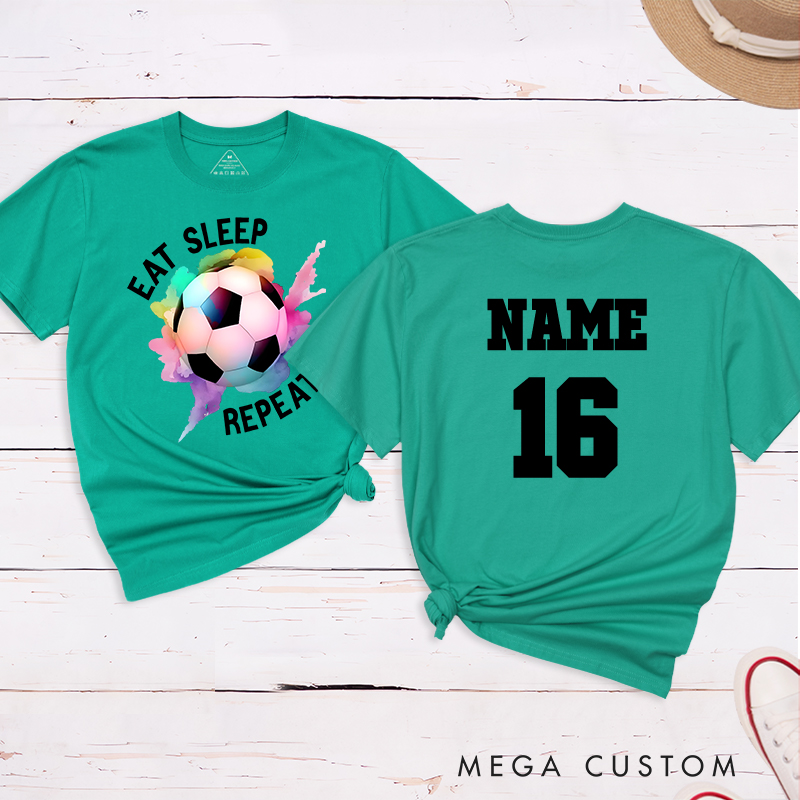 Personalized Soccer T-Shirt with "Eat Sleep Repeat" Design and Custom Name and Number