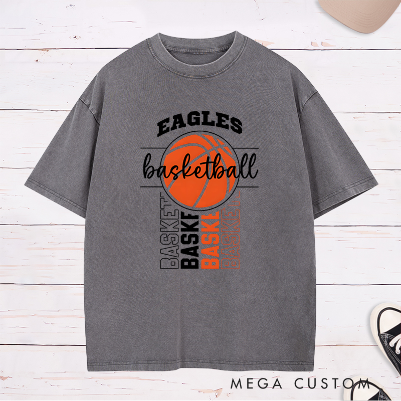 Personalized Washed T-Shirt Design Featuring Bold Basketball Graphics and Customizable Team Name