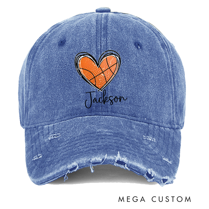 Personalized Distressed Basketball Cap with Heart-Shaped Ball Design and Custom Name