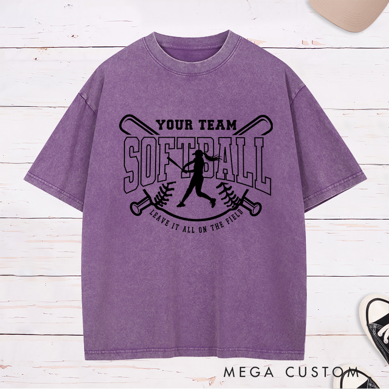 Softball Team Washed T-Shirt Featuring Customizable Team Name Player Silhouette and Motivational Slogan Design