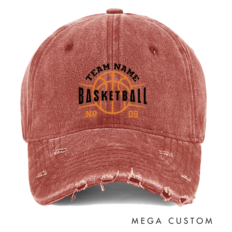 Personalized Distressed Basketball Cap with Custom Team Name Number and Basketball Graphic Design