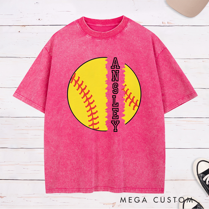 Personalized Softball Washed T-Shirt Design Featuring Torn Softball Graphic and Customizable Vertical Name Text for a Bold and Unique Look