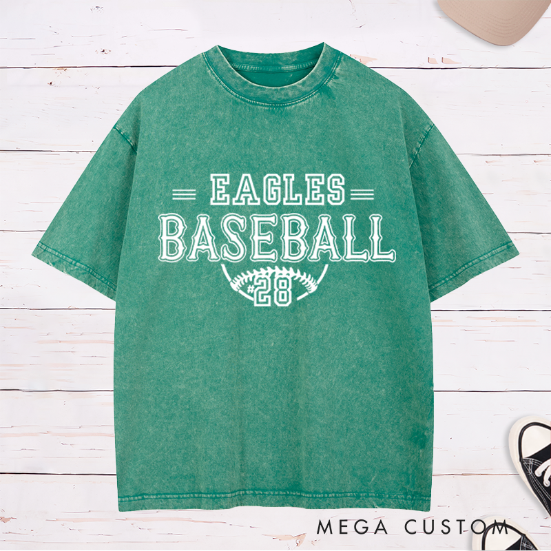 Personalized Baseball Washed T-Shirt with Custom Team Name and Player Number
