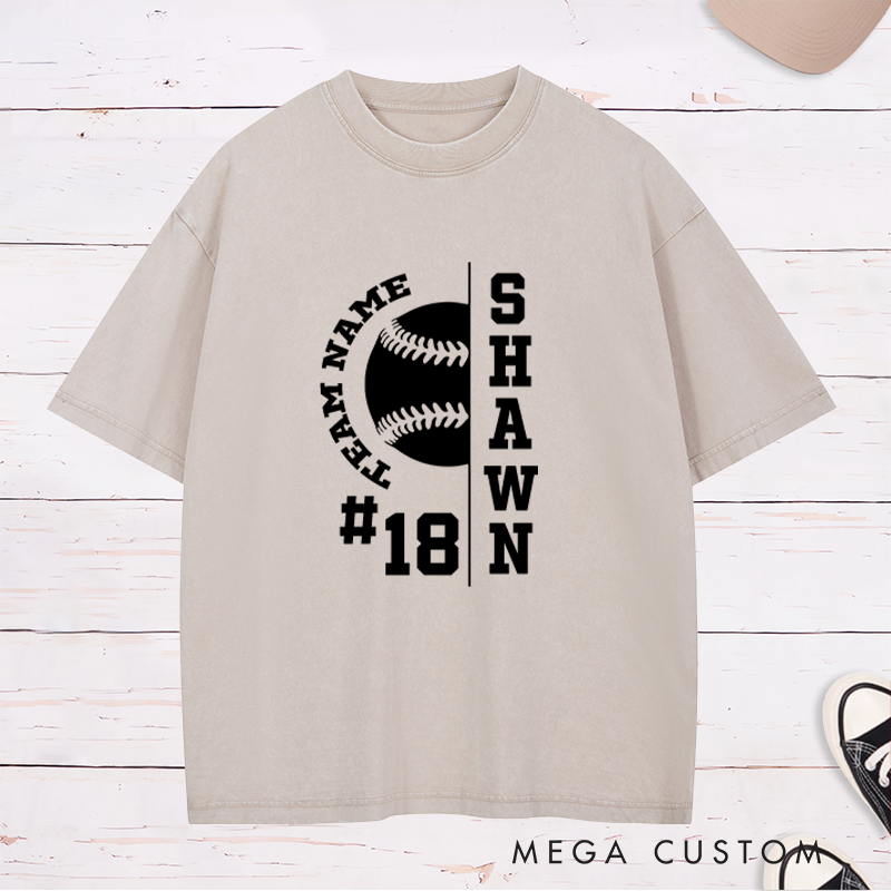 Personalized Baseball Washed T-Shirt with Half Baseball Graphic and Custom Name and Number