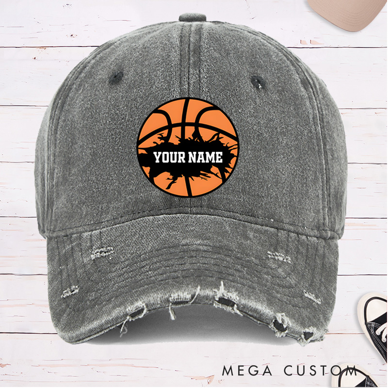 Personalized Distressed Denim Basketball Cap with Custom Name and Skyline Basketball Design
