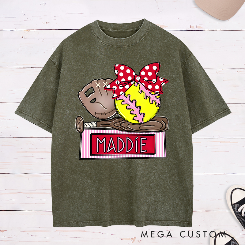 Personalized Softball Washed T-Shirt Design Featuring Custom Name Bright Softball Graphic and Playful Bow Accent