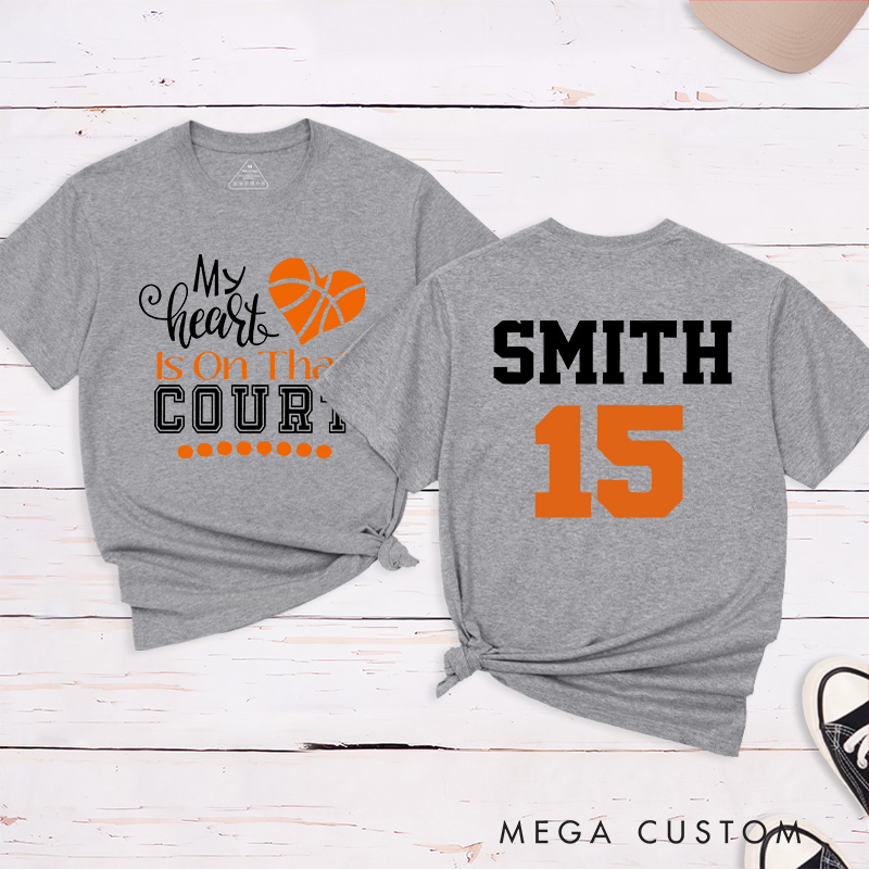 Personalized Basketball Fan T-Shirt with "My Heart is on That Court" Design Custom Name and Jersey Number