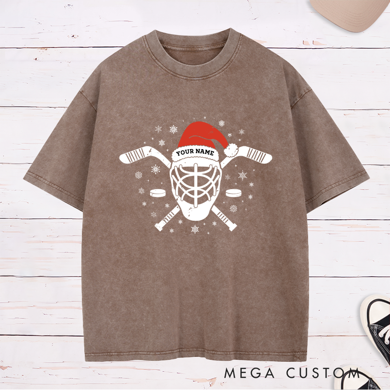 Personalized Washed Hockey T-Shirt with Custom Name and Festive Santa Hat Design