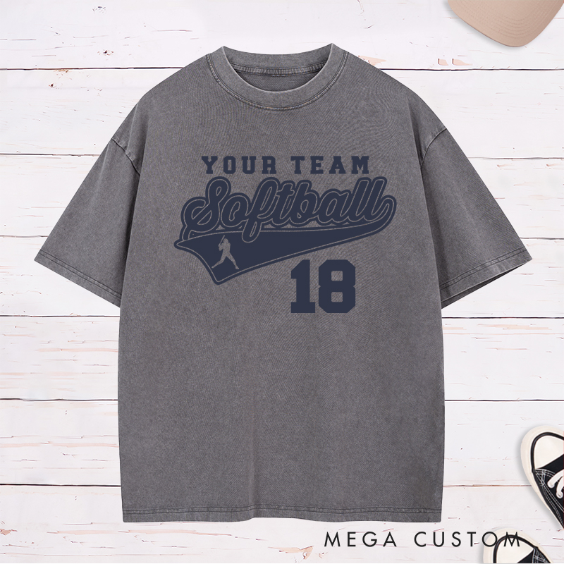 Personalized Softball Team Washed T-Shirt Design Featuring Customizable Team Name Bold Script Softball Text Dynamic Swoosh Element Player Silhouette and Custom Number