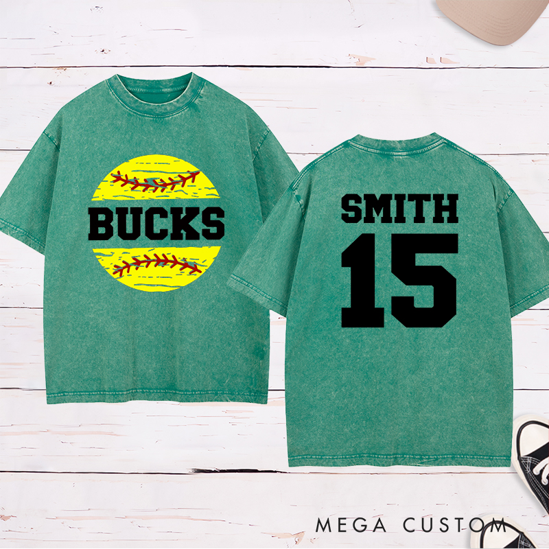 Personalized Softball Team Washed T-Shirt Design Featuring Custom Team Name Player Name and Number with Bright Softball Graphic