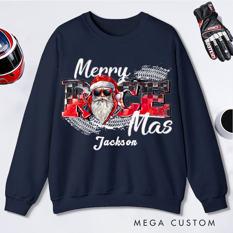 Personalized Merry Race Mas Sweatshirt Custom Name Racing Santa Christmas Pullover Gift for Racers and Racing Lovers